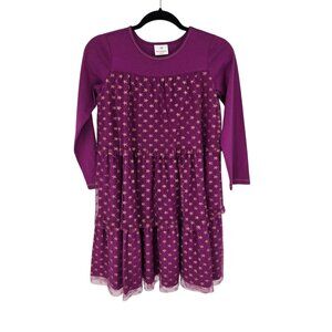 Hanna Andersson Girls 140 US 10 purple gold star tulle tiered long sleeve dress